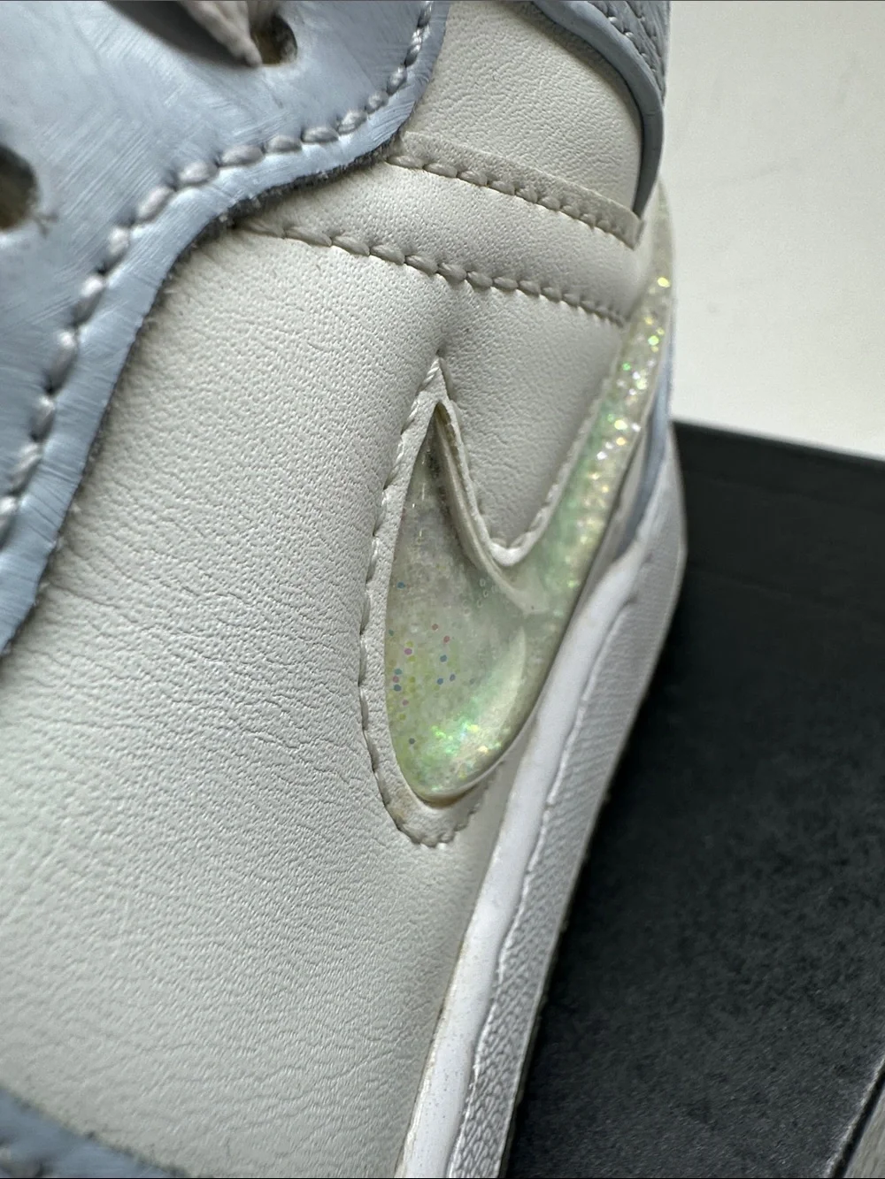 Air Jordan Kids Mid-Top Sneakers in White and Light Blue with Iridescent Swoosh